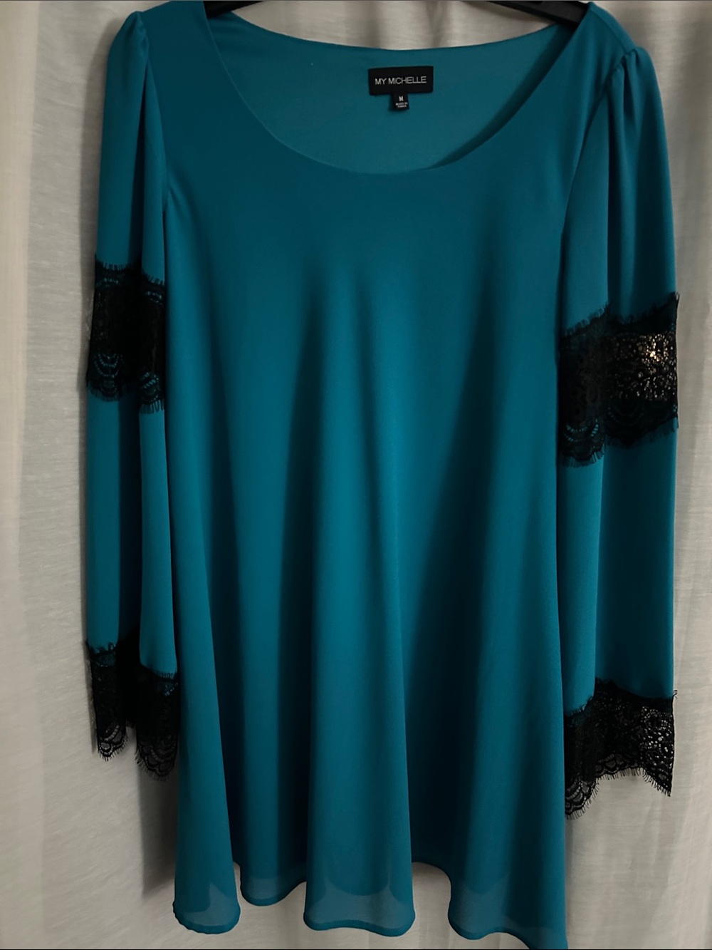 My Michelle Teal Long-Sleeve Tunic with Black Lace Trim